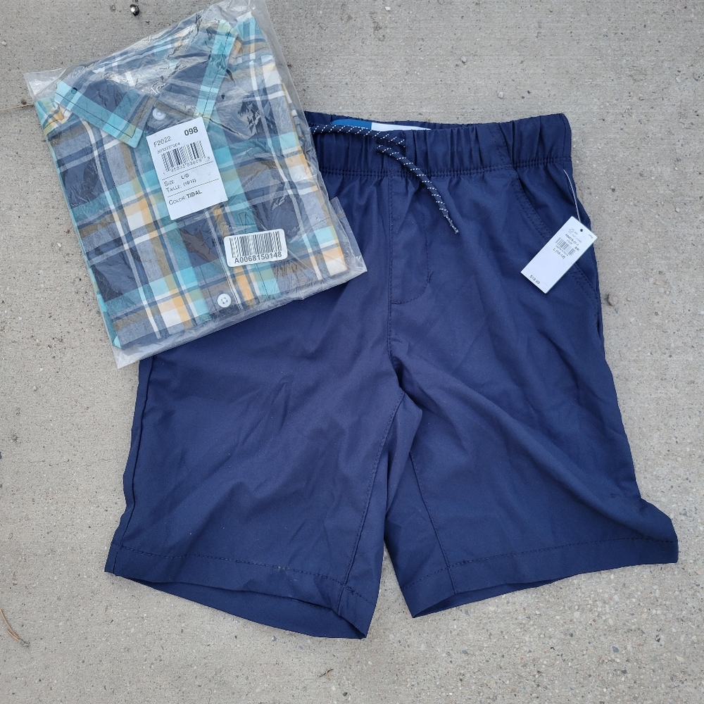New Lot Of 2 boys 10/12 swimsuit trunks blue Drawstring and plaid shirt